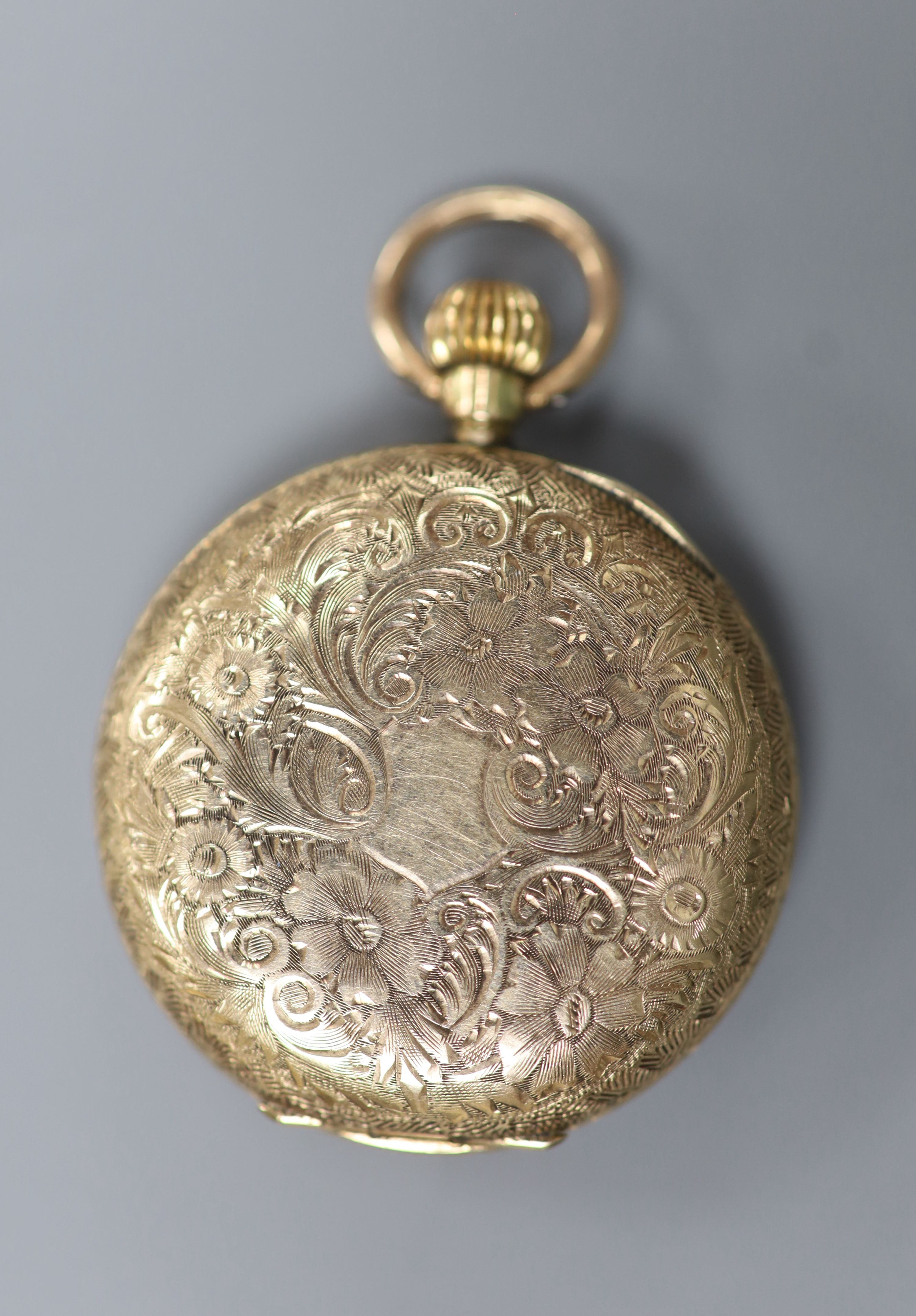 A lady's early 20th century continental 14k open faced pocket watch and a similar 9ct gold fob watch